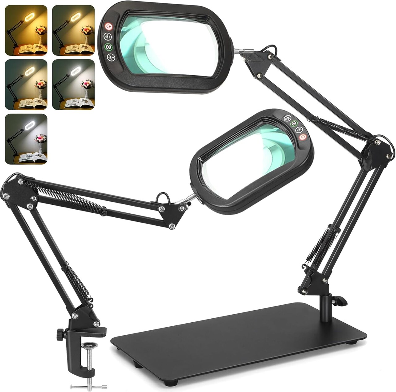 10X Rectangle Magnifying Glass with Light and Stand, 5 Color Modes Stepless Dimmable, 2-in-1 LED Lighted Desk Lamp & Clamp, Hands Free Magnifier for Reading Crafts Repair Painting Close Work